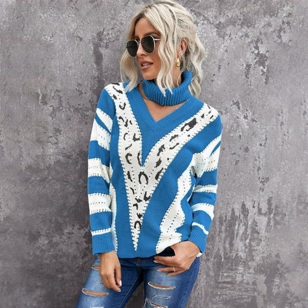 NWT SHEILEY Women's V Neck Sweater Long Sleeve Striped Color Block Knitted Pullo